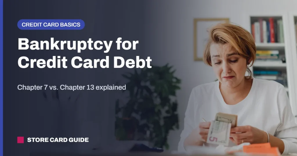 Bankruptcy for credit card debt: worried woman counting money at her desk